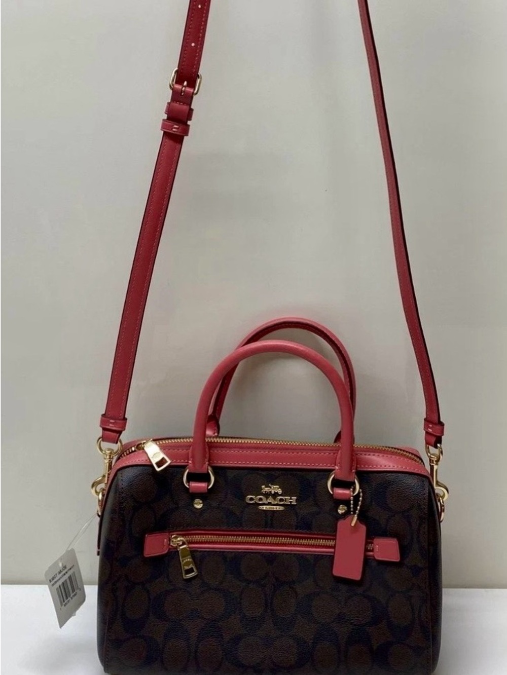 NWT Coach Brown Signature Satchel with Watermelon/Pink  Trim and Strap
